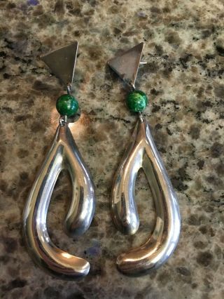 Sterling Silver 925 Taxco Mexico Hanging Drop Dangle Earrings W/ Malachite 4 " L