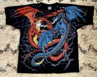 Vintage 1994 Liquid Blue Fantasy Double Dragon Medieval All Over Print Tshirt Xl