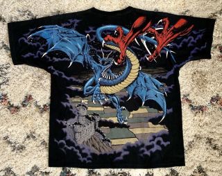 Vintage 1994 Liquid Blue Fantasy Double Dragon Medieval All Over Print TShirt XL 2