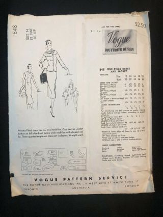 Vintage Vogue Couturier Design Pattern 848 from 1955 Suit Dress RARE Size 14 2
