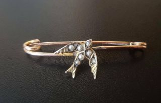 Antique 9ct Gold Seed Pearl Swallow Brooch Pin Chester Hallmark