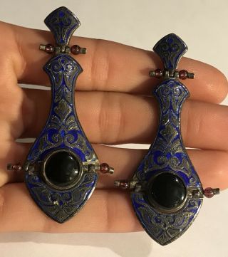Vintage Victorian Sterling Silver 925 Blue Enamel Onyx Garnet Dangle Earrings