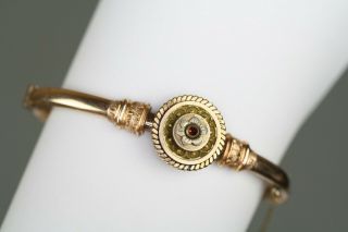 Antique Victorian Rose Cut Garnet Medallion Gold Filled Hinged Bangle Bracelet 3