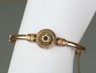 Antique Victorian Rose Cut Garnet Medallion Gold Filled Hinged Bangle Bracelet 6