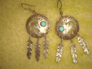Vtg Old Pawn Navajo 2 3/4 " Ster Silver & Turquoise Kokopelli Feather Earrings Fy
