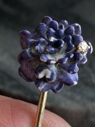 Antique Gold Diamond Purple Flower Enamel Stick Pin Cravat Hat or Brooch 3