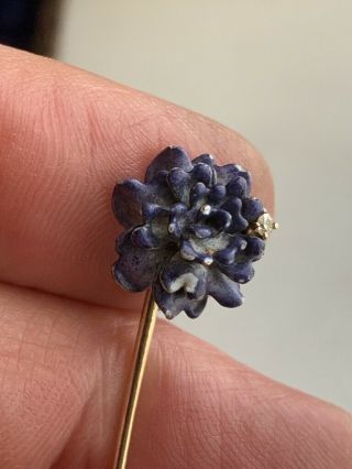 Antique Gold Diamond Purple Flower Enamel Stick Pin Cravat Hat or Brooch 6