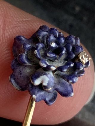 Antique Gold Diamond Purple Flower Enamel Stick Pin Cravat Hat or Brooch 8