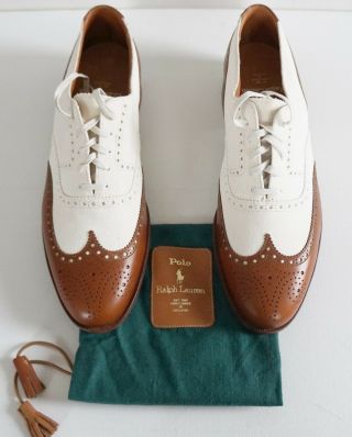 Rare Polo Ralph Lauren Ivory Brown Bench Made Saddle Oxford Shoes 11d England