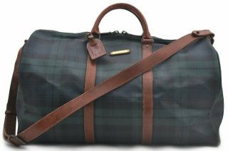 Authentic Polo Ralph Lauren Vintage Green Check Leather Travel Boston Bag 73594