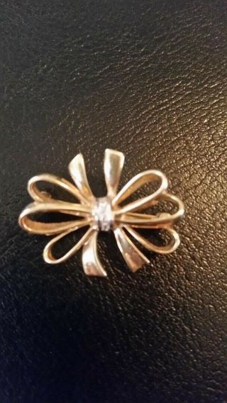 Vintage 14k Gold And Diamond Bow Pin.  Was A Gift And Never Worn