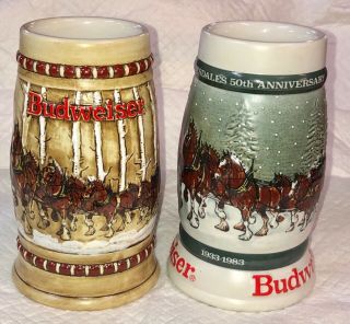 Vintage 1981 & 1982 Budweiser Beer Holiday Christmas Stein Mug Snowy Woodlands