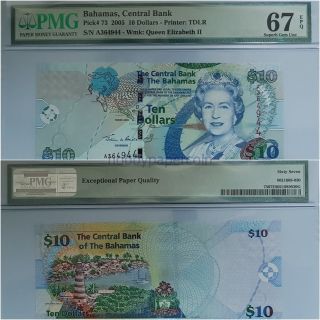 2005 Bahamas $10 Dollars,  Pmg 67 Epq Queen Elizabeth Ii,  Rare