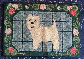 Vtg Claire Murray Handmade Hooked Wool Rug Westie Terrier Dog