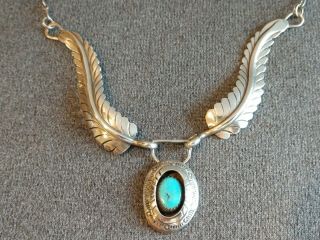 Vtg Old Pawn Navajo Sterling Silver Turquoise Feather Necklace Signed Spencer