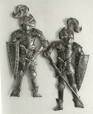 Vintage Knights In Armor Metal Wall Hanging Large 32 " Mcm Gothic Medieval
