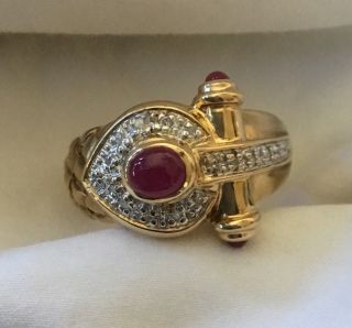 Rare Ruby Cabochon & Diamond 14k Renaissance Style Ring Size 8 Over 6 Grams