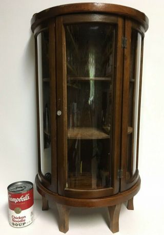 Vtg Table Top Or Wall Hanging Oak Curio Display Cabinet Curved Front & 2 Shelves