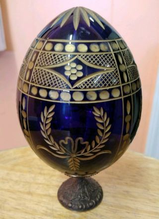 Vtg Anastasia Cobalt Cut Glass Russian Faberge Egg On Stand