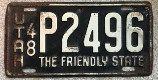 Hard To Get Vintage 1948 Utah License Plate Single The Friendly State P2496