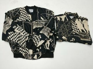 Vtg 80s 90s Gooch Silk Bomber Matching Shirt Large All Over Print