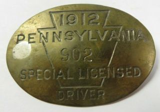 Vtg 1912 State Pennsylvania Special Licensed Chauffeur Badge No.  902 Driver Pin