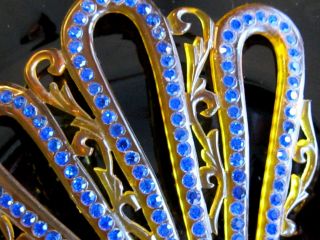 Antique Celluloid Fan Hair Comb Spanish Pieneta Mantilla Cobalt Blue Rhinestones