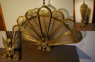 Vintage Antique Ornate Brass Peacock Fireplace Fan Folding Screen Art Deco Vtg