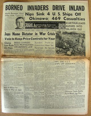 Nazi Martin Borman Captured Okinawa Borneo Macarthur 6 - 11 - 1945 L.  A.  Herald Paper