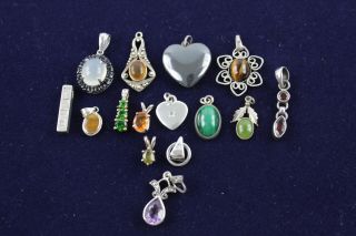 15 X.  925 Sterling Silver Gemstone Pendants Inc.  Amber,  Malachite,  Emerald (30g)