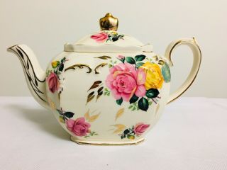 Vintage Sadler Cube Teapot Pink Roses Gold Trim Made In England