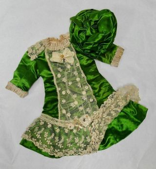 Handmade Green Silk Antique Doll Dress With Hat French Jumeaux