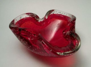 Vintage Italian Murano Red Bullicante Art Glass Bowl Mid Century Eames Era