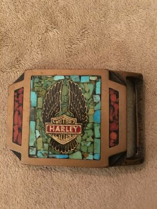 Harley Davidson Vintage Tech Ether Guild Brass Turquoise Coral Inlay Belt Buckle