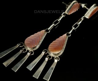 Fancy Old Pawn Vintage Zuni Carved Mother Of Pearl Sterling Dangle Earrings