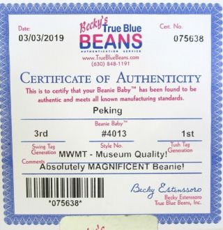 Authenticated Ty Beanie Baby 3rd / 1st Gen PEKING Ultra Rare & Pristine MWMT MQ 2