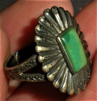 Antique C1930 Navajo Sterling Silver Ring Turquoise Concho Face Arrow Stamp Vafo
