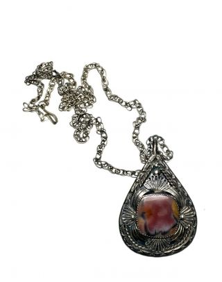 Vintage Sterling Silver Signed Mexico Agate Center Stone Large Pendant Necklace