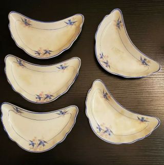 Vintage Set Of 5 Bluebird China Crescent Bone Dishes - Matching