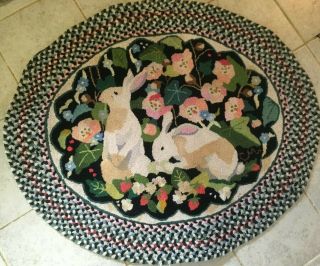 Vintage Claire Murray Hooked Rug Rabbits Garden Flowers Oval 38 " X45 "