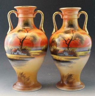 Pair Noritake Japanese Porcelain Vases Sunset Fall Landscape W/ Gold Vintage