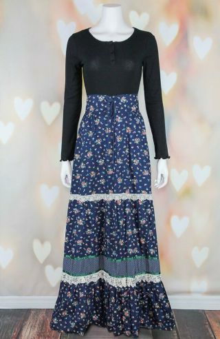 Vtg 70s Boho Rare Gunnies Gunne Sax Ditsy Floral Corset Dress Maxi Skirt 13 S - M