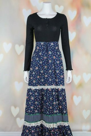 VTG 70s BOHO Rare GUNNIES Gunne Sax DITSY FLORAL Corset Dress MAXI SKIRT 13 S - M 3