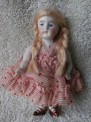 Sweet Looking Antique All Bisque Jointed 4 1/2 " German Doll Wig & Dress