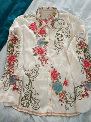 Johnny Was For J.  Jill Ivory Silk Multicolor Embroidered Blouse Rare Vintage M
