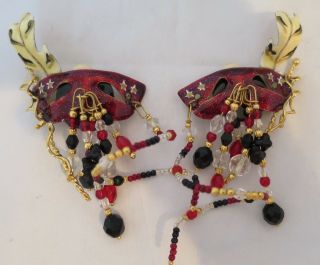 Lunch At The Ritz Clip On Earrings Red Mask Feather Masquerade Ball Party 4 " L