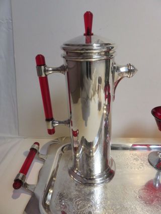 Rare 1930 ' s Silver Plate & Red Bakelite Art Deco Cocktail Shaker Set Ice Bucket 4