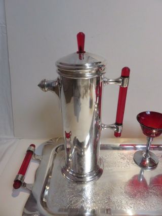 Rare 1930 ' s Silver Plate & Red Bakelite Art Deco Cocktail Shaker Set Ice Bucket 5