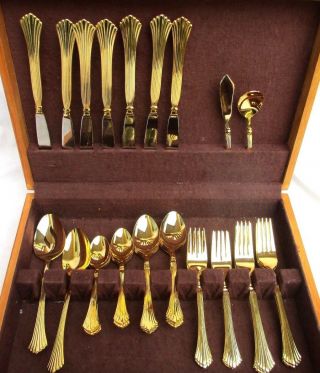 Vtg.  43 Pc.  Service For 8 (- 1).  Tools Of The Trade.  Gold Ep.  Flatware.  Korea.