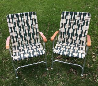 (2) Vintage Folding Aluminum Lawn Chairs W/wood Armrest Retro Camping